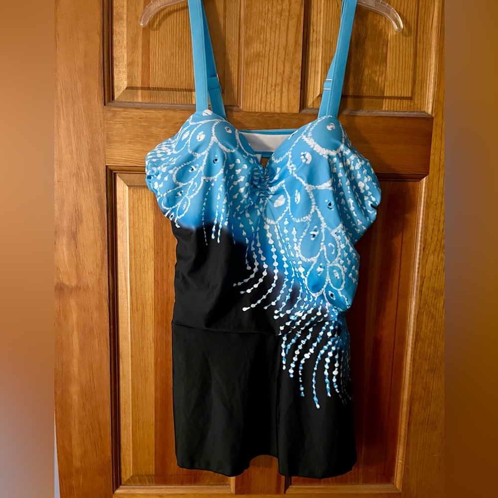 Blue and Black Chic Swimsuit Top with White Accent Design